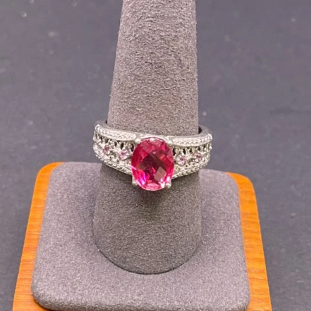 Vintage Silver Tone Ruby White Topaz Filigree Cocktail Band Ring Size 9.75